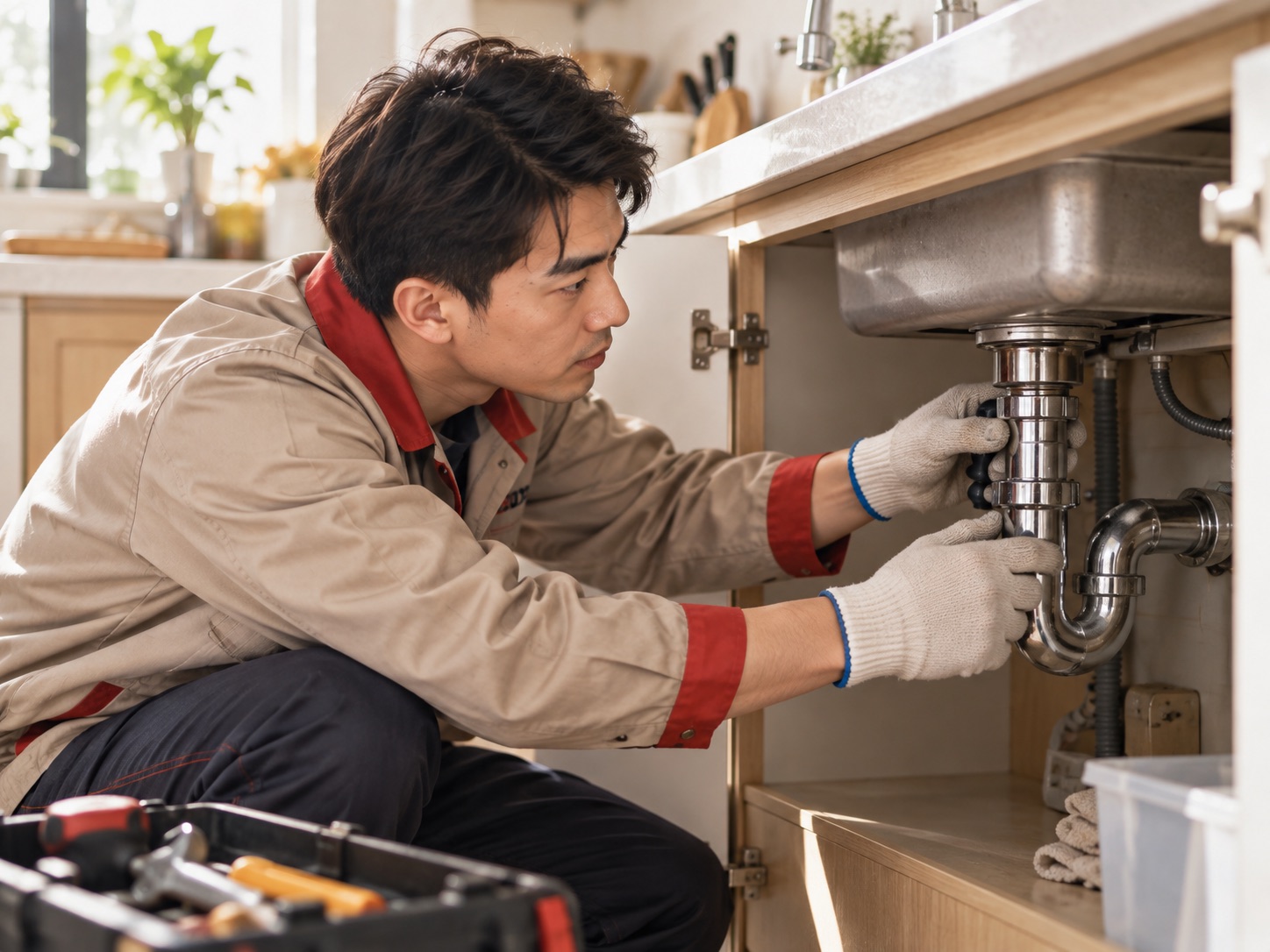 师傅检查水槽下方管道